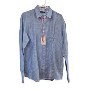 Xposed Men's Blue w Pink Accents Linen Button Down Long Sleeve Dress Shirt NEW N